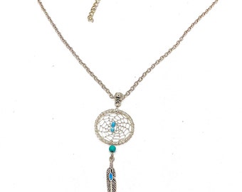 Dreamcatcher Halskette, Traumfänger, Traumfänger, silberne und blaue Perlen, Indianer, Boho, Hippie.