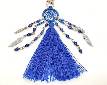 Bag jewelry, key ring, dream catcher, dreamcatcher, blue, pompom, blue beads, boho, Native American, hippie