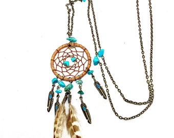 Collier, sautoir , Dream catcher , cuir marron et perles turquoise, grand cercle, ethnique, bohème, hippie