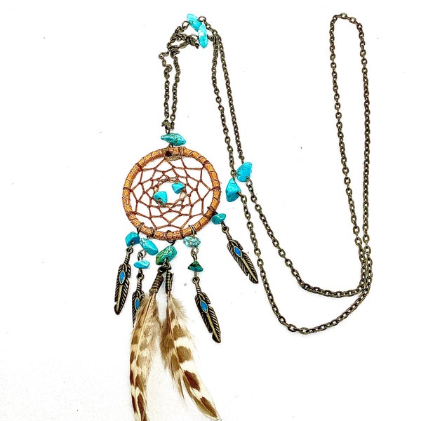 Collier, sautoir , Dream catcher , cuir marron et perles turquoise, grand cercle, ethnique, bohème, hippie