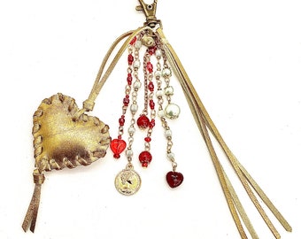 Bag jewelry, leather heart, gold, and pearls, key ring, leather, small Valentine's Day gift ideas