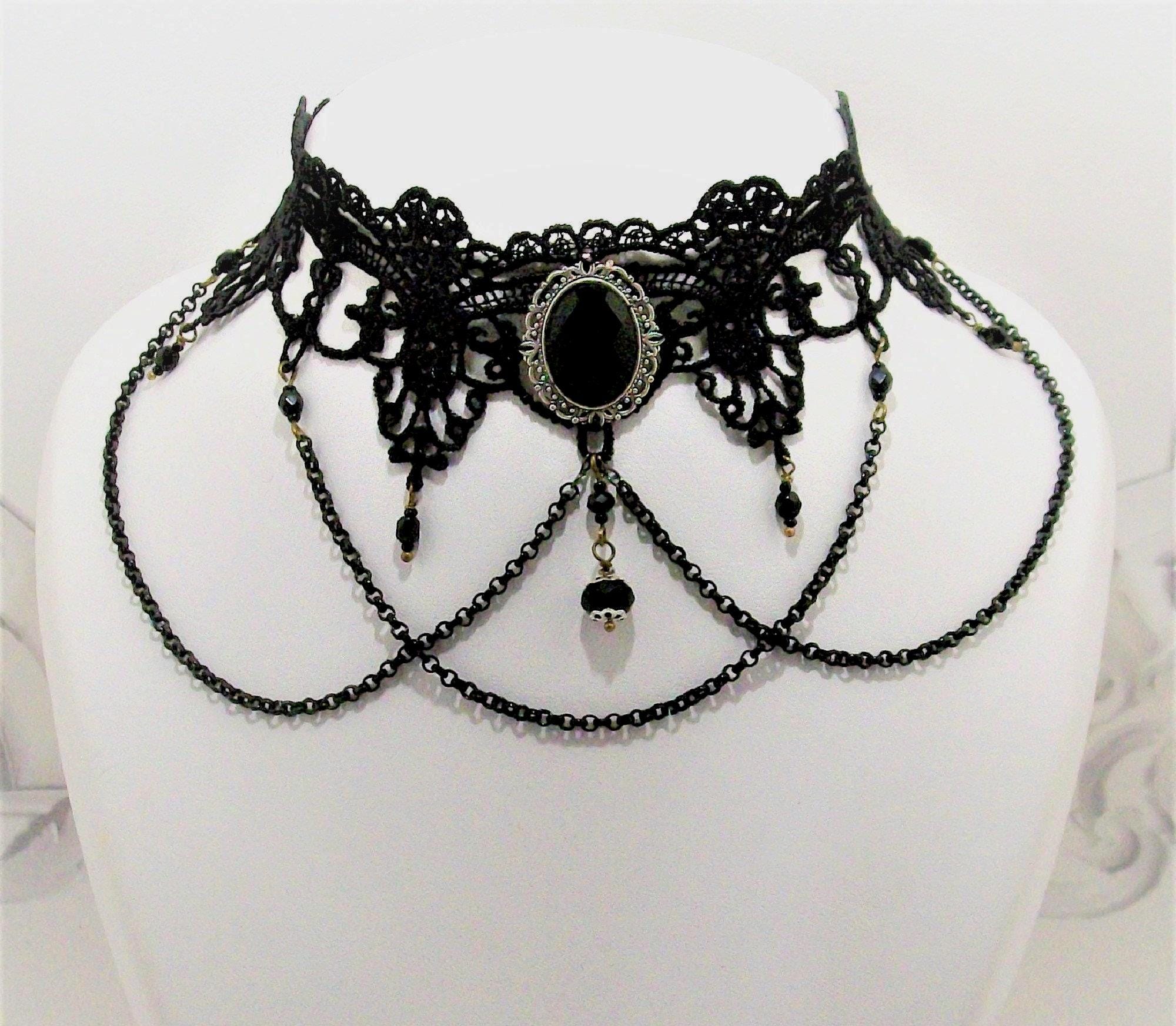 Necklace, black lace, black cabochon, Victorian necklace, Gothic necklace, steampunk necklace, elegant necklace, romantic necklace
