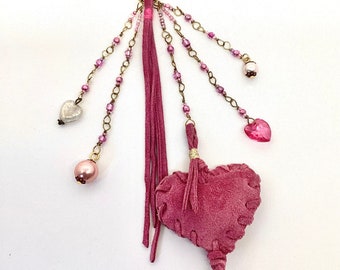 Key ring, bag jewelry, leather heart, pink and glass beads, heart key ring, leather key ring, Mother's Day gift