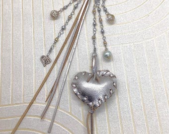 bag charms, bag jewelry, silver leather heart key ring, and beads, small gift ideas