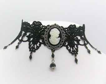 Necklace, black lace, cameo, Victorian style, gothic, Steampunk, Valentine's Day