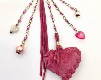 bag charms, bag jewelry, leather heart, rose and glass beads, heart key ring, leather key ring,