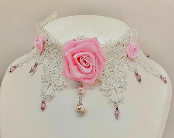 Choker necklace, white lace and fabric roses, Victorian or Steam punk style, wedding, ceremony