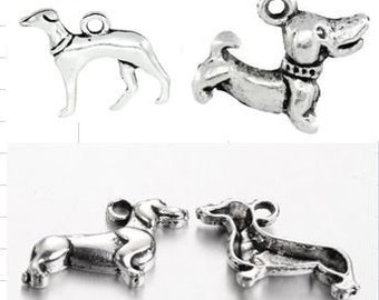 Dog charms, greyhound/dachshund, silver metal, charm, 20x19mm, lot 5