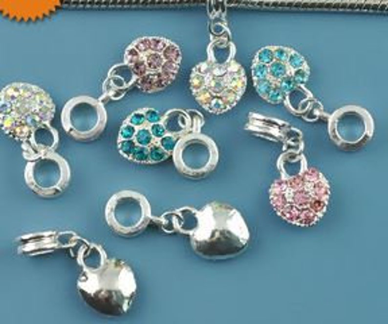 26x10 mm Pearl heart charm lot 5 silver metal silver rhinestones