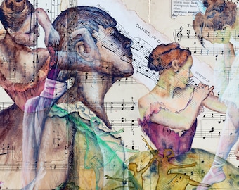 Könnte beinhalten: Eine Collage von Tänzern in verschiedenen Posen, erstellt aus ausgeschnittenen Bildern von Ballerinas und Notenblättern. Die Tänzer sind in Braun-, Blau-, Grün- und Weißtönen dargestellt, wobei der Fokus auf ihren Beinen und Füßen liegt. Der Hintergrund ist ein altes Notenblatt mit verblassten Texten und Noten.