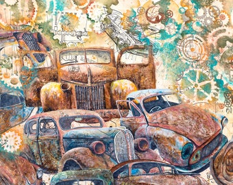 Rusty classic cars art print. Rusty junk yard. Mixed media art. Painting on vintage mechanic manual pages, illustrating car parts & cogs..