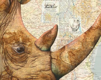Rhino art Print. The Last Rhino. Endangered animal art. Rhino mixed media painting+collage - Africa map. Wild life print. Rhino home decor.