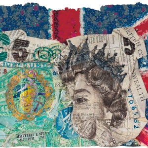 Patriotic art print. Old Five Pounds Note. Crumpled mixed media five pound bank note over an old Union Jack. British Money art print.