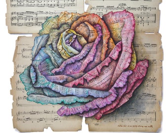 Digital downloadable print. The Rose Queen. A painting of vintage, crumpled sheet music pages, forming a large rose over old music pages.