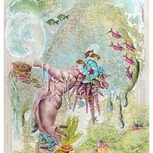 Digital Oceanic art print. She who carries the oceans. Body positive woman carry the world&#39;s water painted on a map. Empower women art print