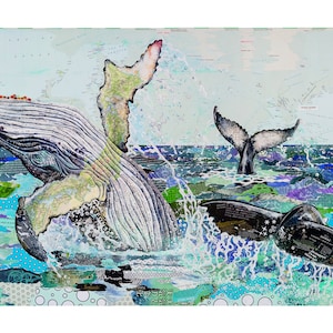 Digital downloadable print. Frolicking Humpbacks. Whales mixed media art. Whales collage art. Majestic whales in nature. Free, wild whales.