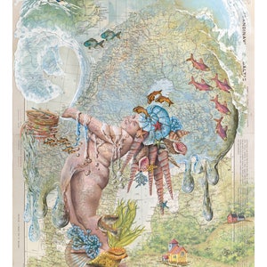 Oceanic Wandkunst Druck. Sie, die die Meere trägt. Körperlich positive Frau trägt das Wasser der Welt auf einer Landkarte gemalt. Ermächtigte Frauen Kunstdruck.