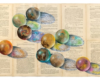 THE ORIGINAL artwork. Rolling marbles. Mixed media acrylic painting of glass Rolling Marbles on teabags over vintage physics book pages.