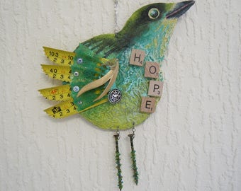 Inspirational home décor. Wren of hope quirky wall hanging (Large). Mixed media bird assemblage. Shabby-chic whimsical X-mas tree decoration