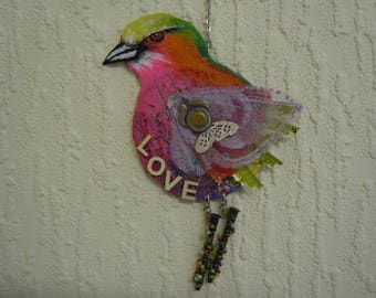 Lilac-Breasted Roller Bird of Love wall hanging (Small). Mixed media assemblage. Quirky, Shabby-chic whimsical X-mas tree decoration