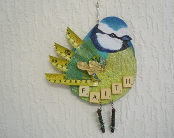 Blue-Tit Bird, Faith wall hanging, (Large). Whimsical art. Mixed media assemblage. Vintage, shabby chic, whimsical X-mas tree decoration
