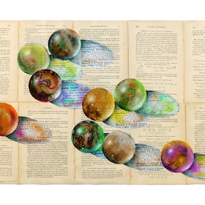 Digital downloadable print. Rolling marbles. Mixed media painting of glass marbles on teabags over vintage physics book pages. Physics page