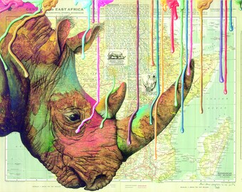 Digital downloadable print. The last Rhino - drips. Original acrylic mixed media painting over the map of Africa. Colourful vibrant wall art