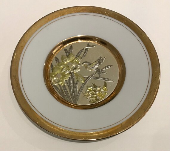 Vintage Chokin Porcelain Saucer: 24k Gold Gilded Hummingbird & Daffodils (16.5cm)