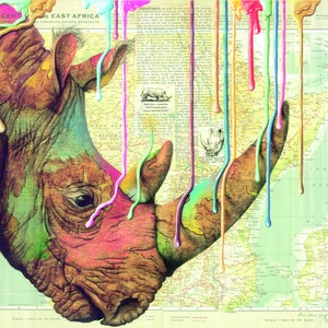 Impression jet d'encre. Le dernier rhinocéros - goutte à goutte. Peinture originale technique mixte sur carte de l'Afrique + ajout d'entrées illustrées de rhinocéros du dictionnaire vintage