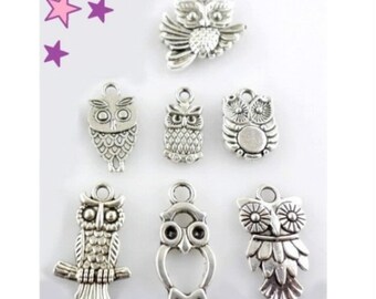 7 breloques mixte CHOUETTE hibou oiseau 21 à 14 mm pendentif métal argenté