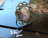 painted by French artist,adjustable bronze brass ring,cabochon oval glass, fantastic flower tale, hippie gothic woman jewel, boheme