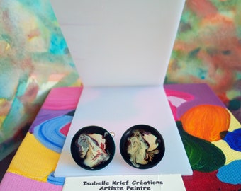 handmade in France abstract fantastic fete christmas birthday gift round cufflinks silver rhodie Painted by artist