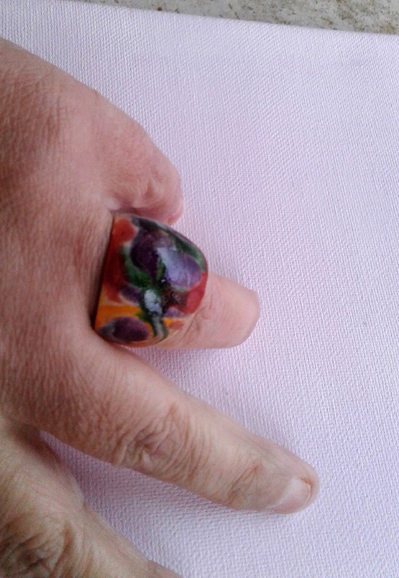 unique original green purple orange red white French creation modern boho closed ring size 60 painted by artist