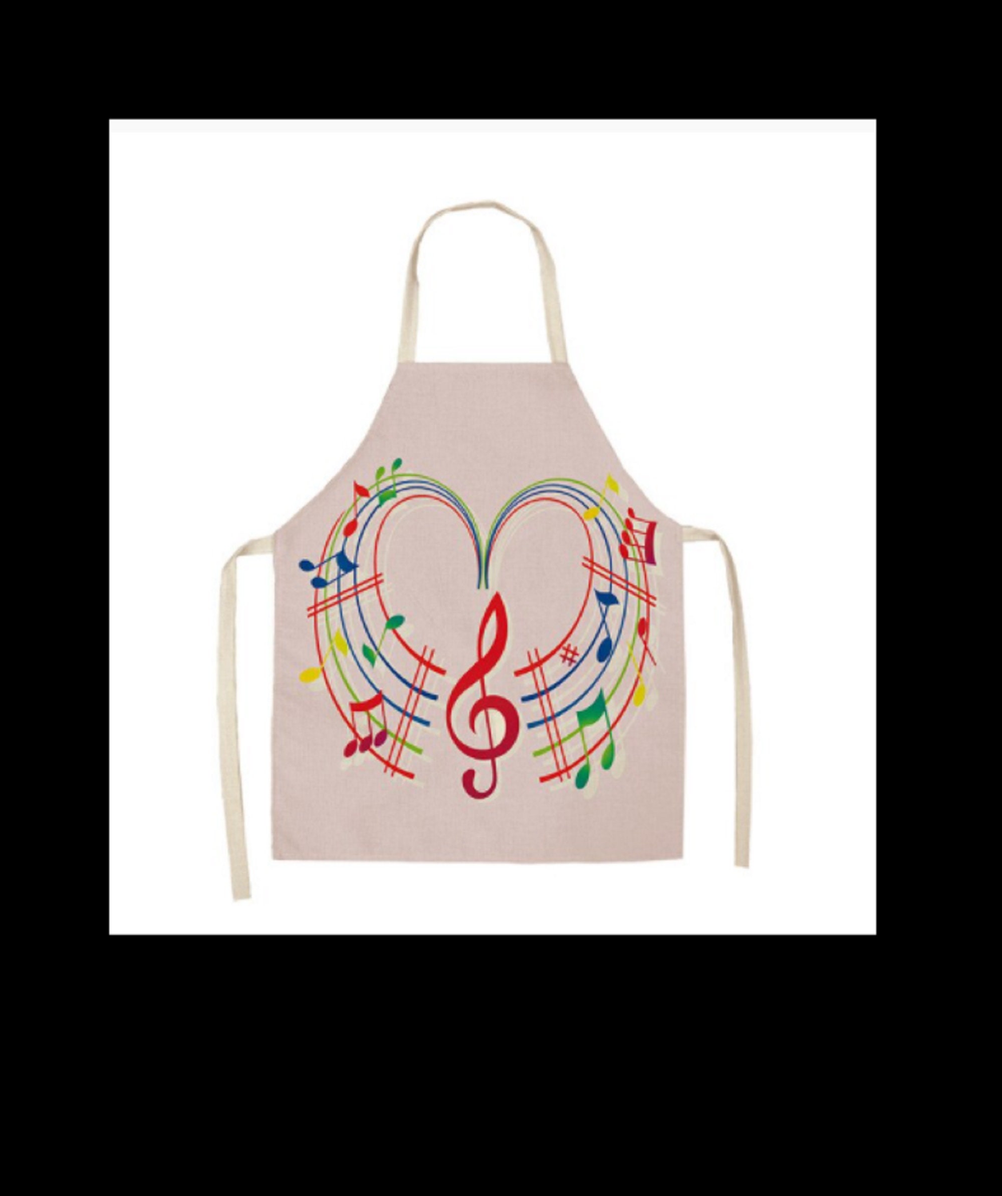 Tablier de Cuisine Coton Lin, Imprime Cle Sol, Notes Musique et Coeur Colore