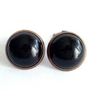 Black onyx, Non-pierced ear clips in bronze brass with 12mm round cabochons, semi-precious stone, Christmas birthday party gift,