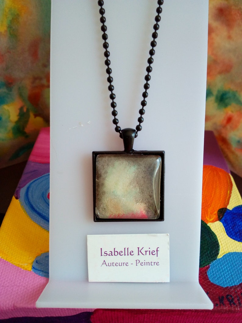 ball chain Black brass square pendant and watercolor cabochon isabelle krief,red brown yellow green grey Christmas birthday gift
