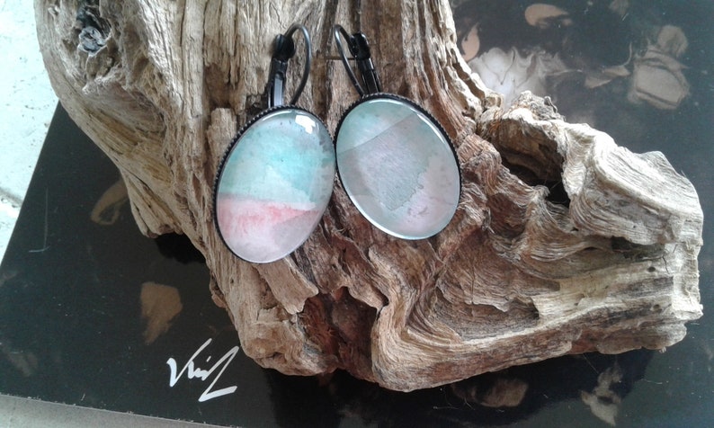 pierced earrings,watercolor green white red gift jewel boho bobo hands in France painted French artist,black sleepers