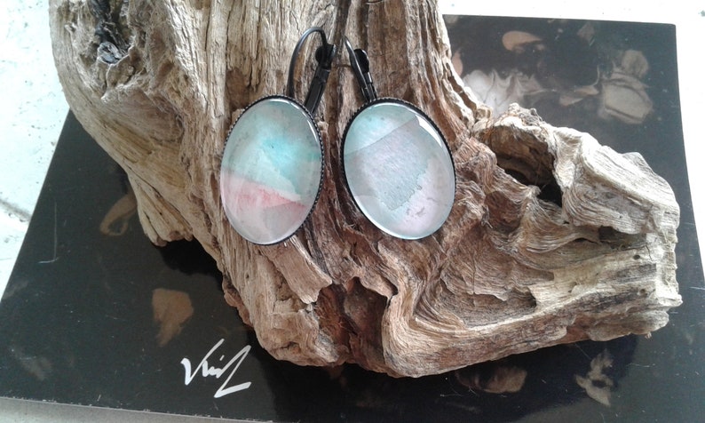 pierced earrings,watercolor green white red gift jewel boho bobo hands in France painted French artist,black sleepers