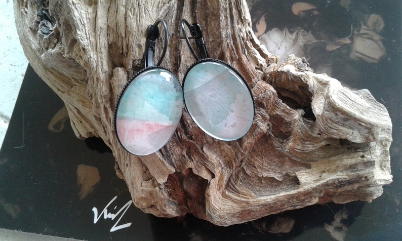 pierced earrings,watercolor green white red gift jewel boho bobo hands in France painted French artist,black sleepers