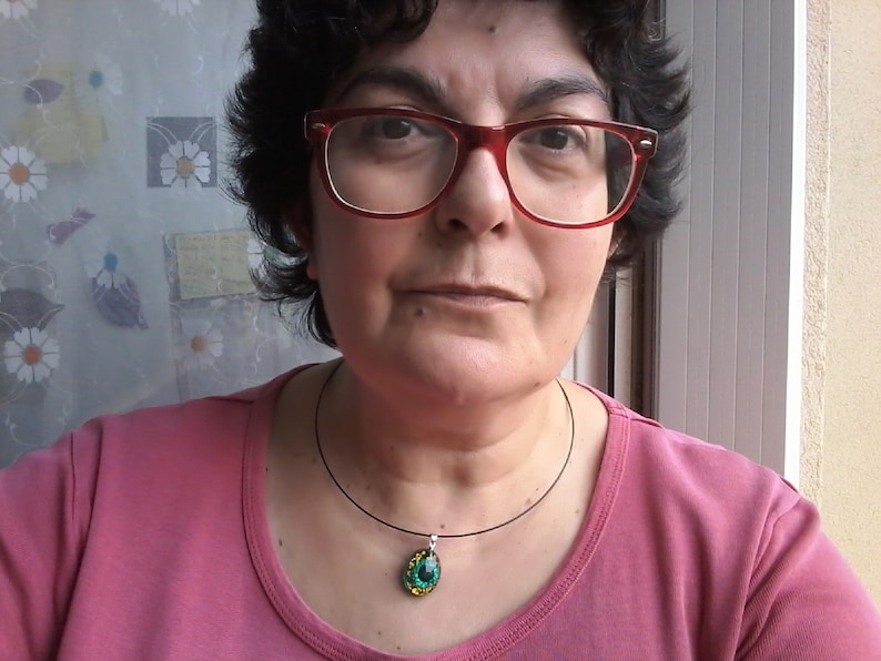 yellow green blue pendant necklace resine oval steel beli\u00e8re handmade in france,black cord,jewel woman,fete birthday Christmas dried flower