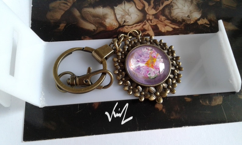 painted French artist,door cle jewel bag,bronze flower,cabochon round 25mm,pink purple green orange,gift party,boho bobo gothic,baroque