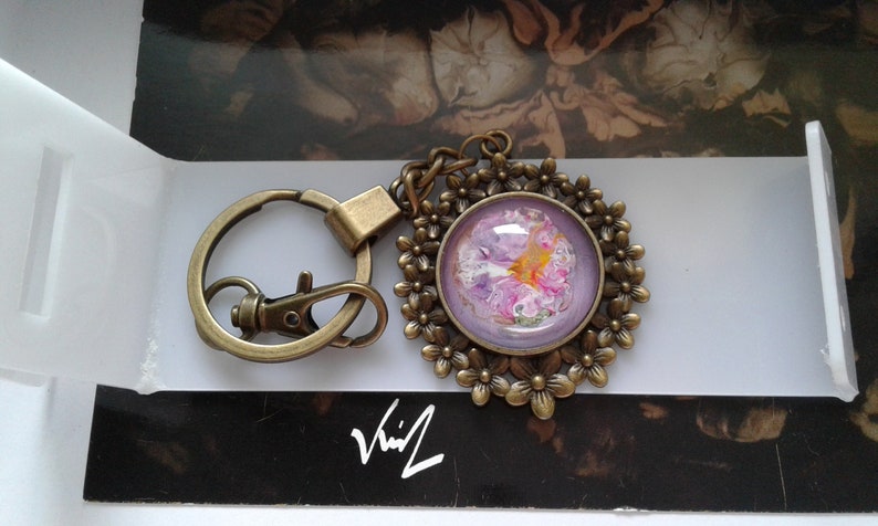 painted French artist,door cle jewel bag,bronze flower,cabochon round 25mm,pink purple green orange,gift party,boho bobo gothic,baroque