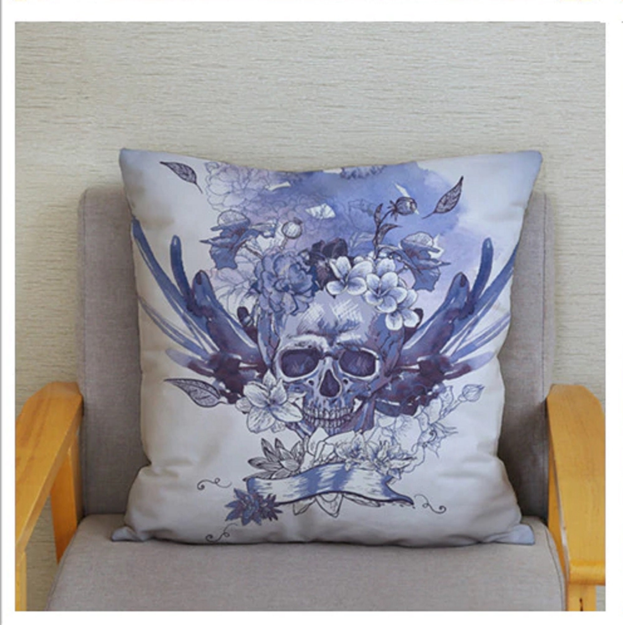 45x45cm, Houssse Taie Coussin Oreiller, Squelette Crane Sugar Skull, Fleurs Feuille, Velours Bleu Vi