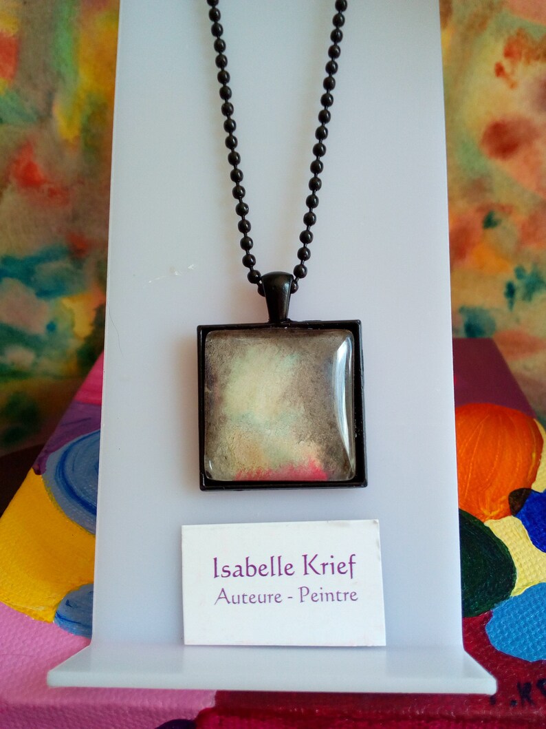 ball chain Black brass square pendant and watercolor cabochon isabelle krief,red brown yellow green grey Christmas birthday gift
