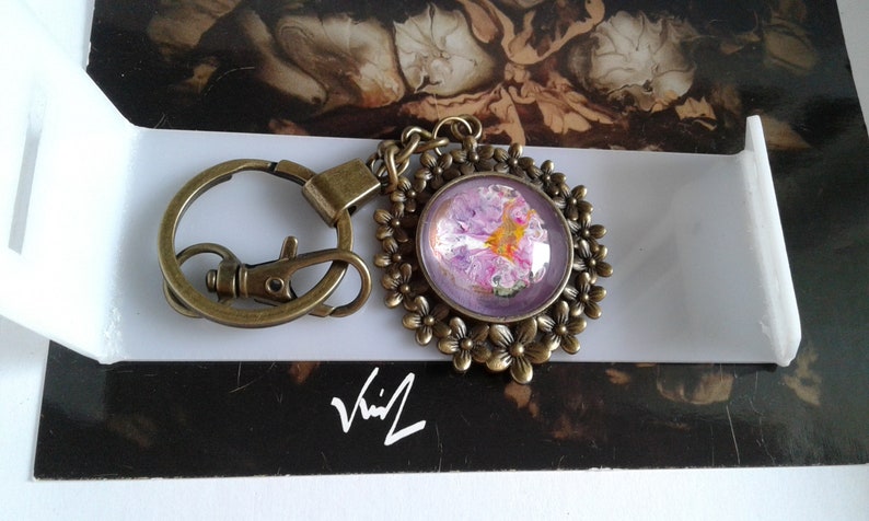 painted French artist,door cle jewel bag,bronze flower,cabochon round 25mm,pink purple green orange,gift party,boho bobo gothic,baroque