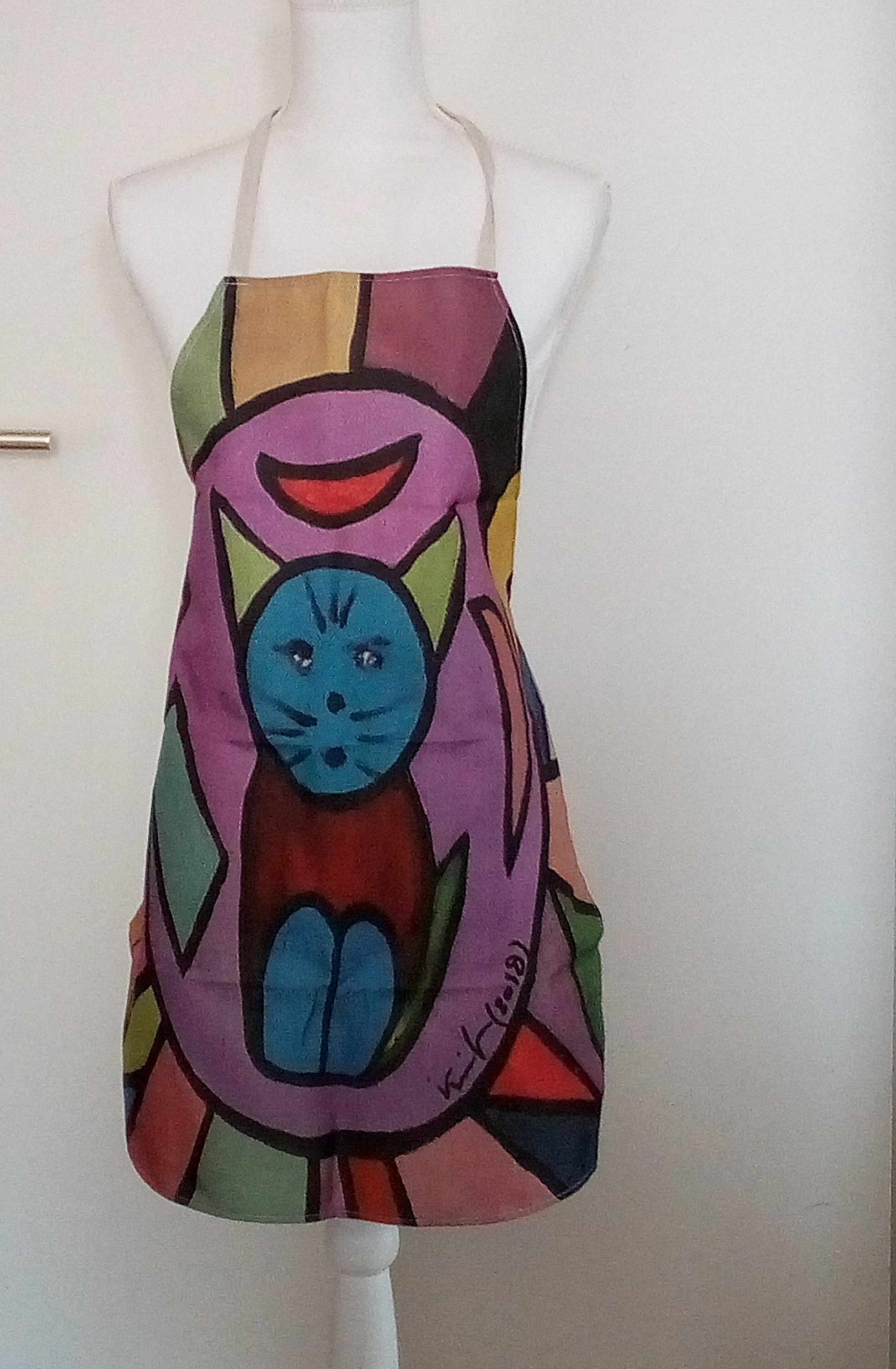 Tablier de Cuisine Coton Lin Motif Chat Colore, avec Cordon Pour Nouer, 2 Tailles Enfant et Adulte, 