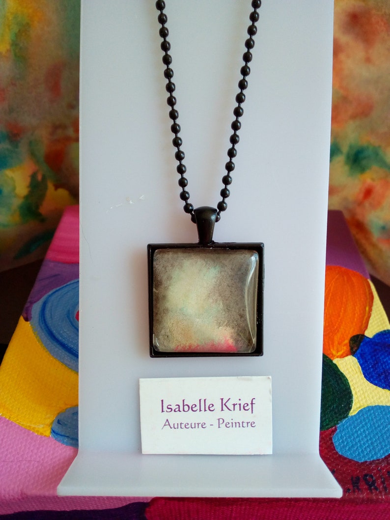 ball chain Black brass square pendant and watercolor cabochon isabelle krief,red brown yellow green grey Christmas birthday gift