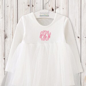 Baby Girl Personalized Winter White Tulle Dress | Long Sleeved Cotton Dress with Scallop Monogram |  Baby Gift