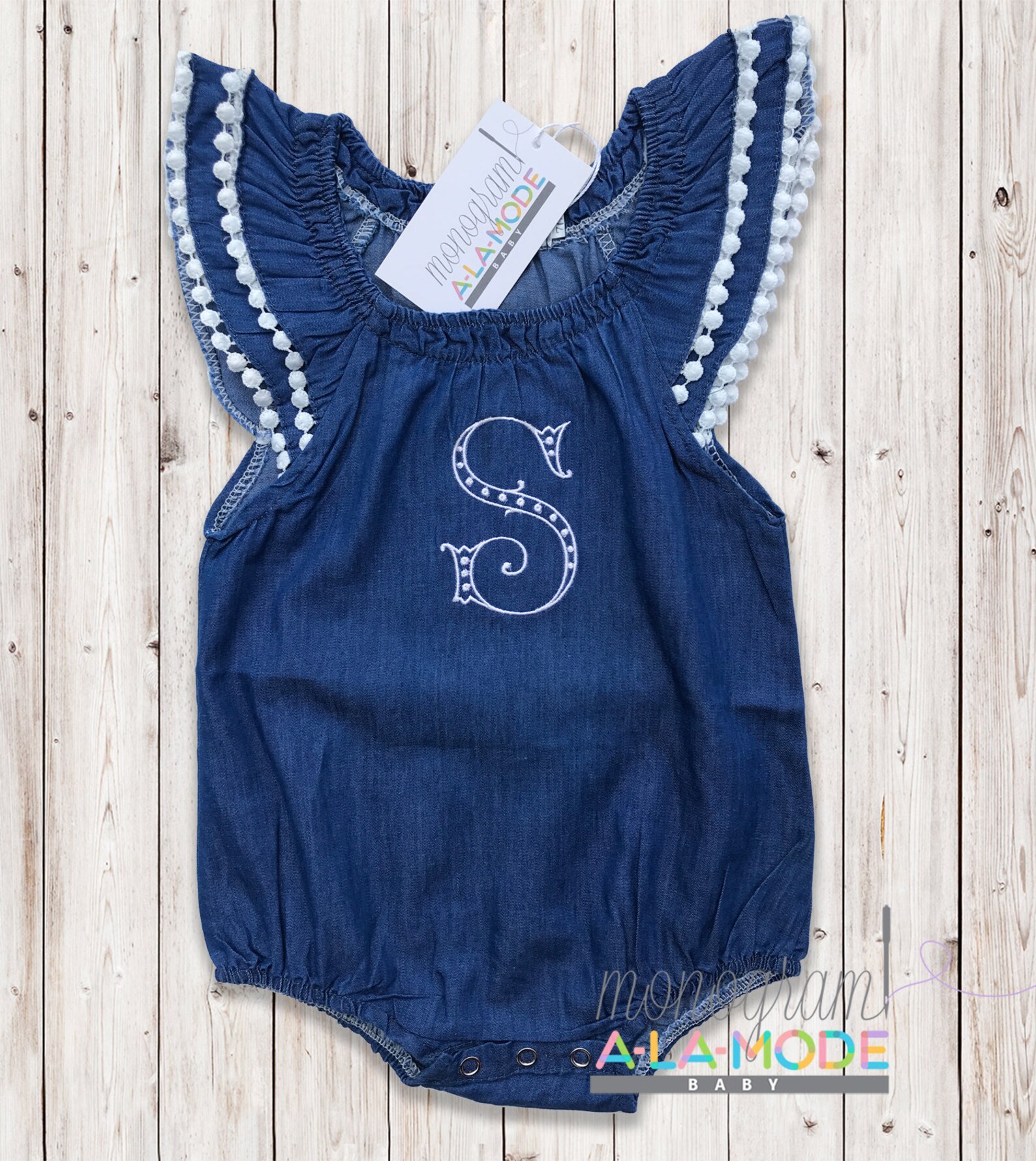 Baby Girl Denim Monogrammed Bubble Monogrammed Denim Romper Etsy
