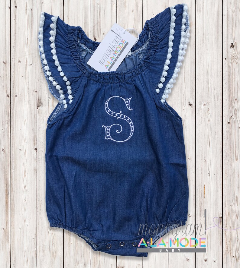 Baby Girl Denim Monogrammed Bubble Monogrammed Denim Romper Etsy